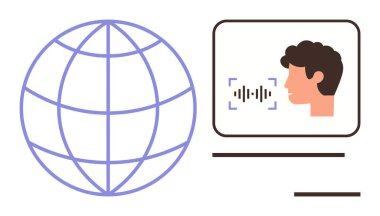 Globe with interconnected lines beside a screen displaying person and audio wave. Ideal for language learning, voice technology, AI communication, global networking, digital interaction, remote work