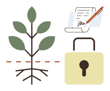 Tree with roots, dotted line, document with pen signing, and padlock symbolizing agricultural security. Ideal for sustainability, innovation, legal rights, intellectual property, growth