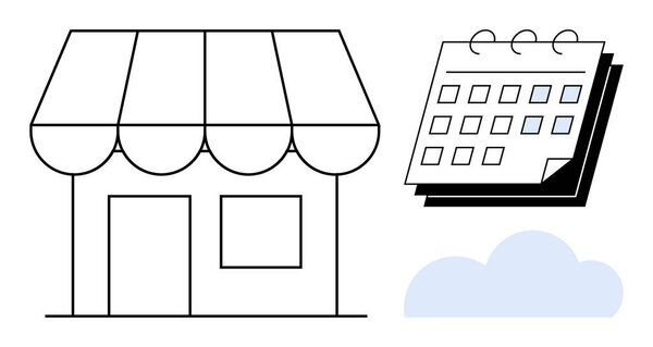 Minimalist storefront image with an awning, a calendar icon for time management, and a cloud for online tools. Ideal for business planning, scheduling, marketing, appointments, retail, strategy