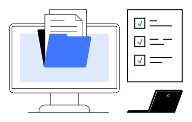 Computer screen displaying open folder with documents, checklist with marks, and laptop. Ideal for workflow organization, productivity, task management, digital tools, office efficiency, file