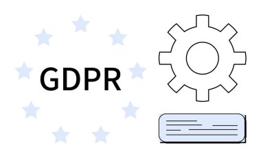 GDPR text surrounded by stars, gear symbolizing regulation management, and a document representing policies. Ideal for data protection, privacy law, compliance, governance, security, legal