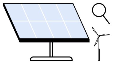 Solar panel with sleek design, wind turbine symbolizing clean energy, magnifying glass for analysis. Ideal for sustainability, innovation, technology, energy efficiency, environmental studies, data