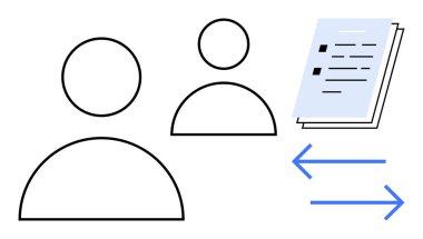 İki soyut insan figürü iletişim, veri paylaşımını, işbirliği, bağlantı, takım çalışması, ağ oluşturma ve basit bir düz metafora uymayı sembolize eden oklar yoluyla belge alışverişinde bulunuyorlar.