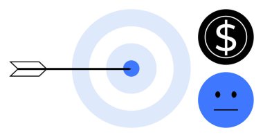 Ok delici hedef, siyah dolar işareti ve tarafsız yüz. Finans, odaklanma, duygu, hedef belirleme, iş başarısı minimalizmi için idealdir. Basit düz metafor