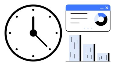 Saat, bar çizelgesi ve içinde turta grafiği olan analitik panel. Zaman izleme, verimlilik, raporlama, dijital strateji, veri görselleştirme, iş planlaması ve performans analizi için ideal