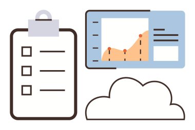 Kontrol listesi panosu, bulut simgesi, veri analiz grafiği. Organizasyon, bulut hesaplama, veri depolama, analitik, görev yönetimi, iş stratejisi basit düz metafor