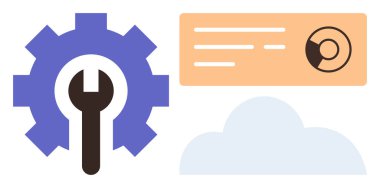 Anahtarlı dişli sembol, grafikli turuncu veri paneli ve bulut şekilli sistem bakımı, veri analizi, bulut hesaplaması, yazılım çözümleri, sunucu yönetimi, dijital araçlar, basit