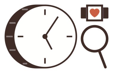 Geniş saat, kalp ve büyüteç, zaman yönetimi, sağlık takibi ve analizi vurguluyor. Üretkenlik, sağlık, sağlık, araştırma teknolojisi analizleri için idealdir.