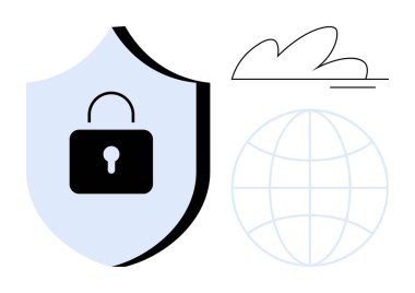 Kilitli kalkan, bir küre ve bulutun yanında güvenliği sembolize ediyor. Siber güvenlik, veri gizliliği, çevrimiçi koruma, bulut güvenliği, küresel bağlantı, güvenli ağlar, basit düz metafor