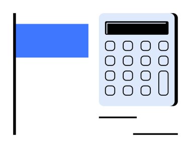 Finans, hedef ve stratejiyi sembolize eden mavi bayraklı hesap makinesi. Muhasebe, bütçe, planlama, eğitim ve başarı motivasyonu için ideal. Düz ve basit metafor