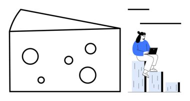 Delikli büyük bir dilim peynir ve elinde dizüstü bilgisayarla bar tarzı grafikler olan bir kadın. Yaratıcılık, analiz, üretkenlik, strateji, iş büyümesi, yenilik, gıda kavramları için idealdir. Basit düz