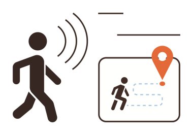 Sinyal dalgaları ve haritayla yürüyen kişi, iz sürme yolu olan hedef işaretçiyi gösteriyor. Navigasyon, izleme, GPS, haritalama, teknoloji, iletişim, yol bulma kavramları için idealdir. Basit düz