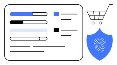 Veri çubukları, parmak izi kalkanı, online alışverişi sembolize eden el arabası, güvenlik, mahremiyet, dijital kimlik. E-ticaret, siber güvenlik, ödeme koruma veri gizliliği çevrimiçi kimlik sahtekarlığı için ideal