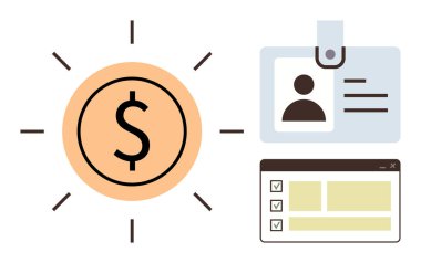 Işınlarla çevrili bir dolar para, fotoğraflı kimlik kartı ve detaylar, işaretli kutular ile kontrol listesi. Finans, kimlik, organizasyon, planlama, istihdam verimliliğini doğrulamak için ideal. Basit düz