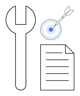 İngiliz anahtarı, oklu bir hedef ve çizgili bir belge stratejiyi, amaçları ve uygulamayı sembolize eder. Üretkenlik, hedef belirleme, planlama, araçlar takım çalışması stratejisi iş çözümleri için idealdir. Basit.