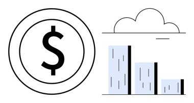 Çubuk grafiğin yanında bir dolar, bulutun altında düşme eğilimini gösteriyor. Finans, ekonomi, yatırım, kayıp, analitik, iş performansı, küresel piyasa için ideal. Basit düz metafor