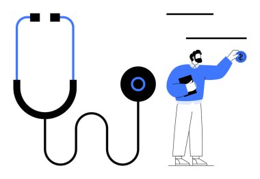 Bir sağlık görevlisinin yanında steteskop elinde defter, kavramları inceliyor. Tıbbi yenilik, tanı, sağlık analizi, hasta bakımı, teletıp, sağlık eğitimi için ideal