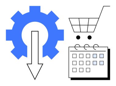 Aşağı doğru ok, alışveriş arabası ve takvim ile vitesler e-ticaret, planlama ve planlama için düzenli süreçleri sembolize eder. Otomasyon, verimlilik, strateji ve perakende için ideal