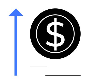 Dolar işaretli siyah para ve yükselen mavi ok finansal büyümeyi, başarıyı, karı veya ekonomik gelişimi temsil ediyor. Finans, iş, yatırım, gelir, ekonomi zenginliği için ideal