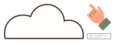 Bulut anahatlarının yakınındaki bir kutucuğu işaret ederek bulut depolama, seçim ve etkileşimi temsil ediyor. Veri yönetimi, çevrimiçi hizmetler, kullanıcı arayüzü, dosya paylaşımı, yükleme için ideal