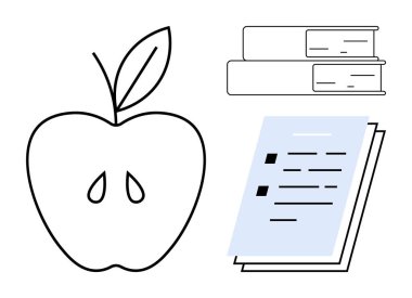 Elma, istiflenmiş kitaplar ve metin satırlı kağıtlar eğitim, öğrenme, okuma ya da öğrenci görevlerini vurguluyor. Öğretmenlik, bilgi paylaşımı, akademik edebiyat dersi için ideal. Basit düz