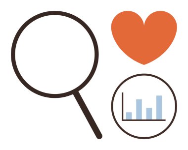 Yuvarlak çizelge ve kalbi sembolize eden büyüteç analitik, araştırma, bakım, keşif, ilişkiler, sağlık ve duygusal zekayı simgeliyor. Analiz ve veri kavramları için ideal