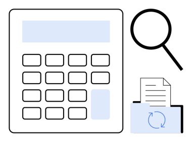 Hesap makinesi, büyüteç, oklu dosya. Finans, analiz, denetim, optimizasyon, araştırma maliyet yönetimi muhasebesi için ideal. Basit düz metafor