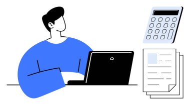 Masada hesap makinesi ve yakınlarda doküman yığını olan bir dizüstü bilgisayar kullanan kişi. Finans, muhasebe, iş planlaması, vergi hazırlama, görev yönetimi, üretkenlik, basit daire