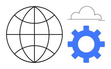 Küreselleşmeyi temsil eden küre, bulut ikonu, bulut hesaplamasını ve süreci otomasyon ve gelişimi sembolize eden teçhizatı simgeliyor. Teknoloji, ağ oluşturma, yenilik ve işbirliği için ideal