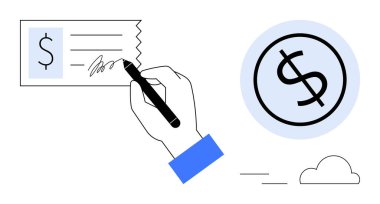 El ele tutuşup imza çekin ve arka planda dolar işareti parası var. Basit bir metaforda finans, bankacılık, ödeme, yatırım, muhasebe, işlem ve gelir kavramları için idealdir.