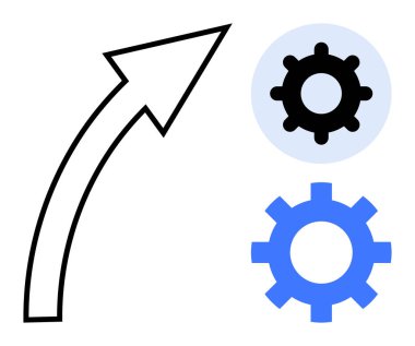 Siyah ok yukarı doğru iki vitesi işaret ediyor, biri siyah ve biri mavi, büyümeyi, takım çalışmasını ve gelişmeyi simgeliyor. Kavramların ideali verimliliği, stratejiyi, iş akışını, hedefleri destekliyor