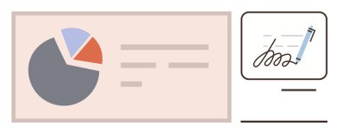 Veri analiziyle birlikte turta grafiği ve detaylar monitördeki dijital imzanın yanında. Analiz, iş, belgelendirme, teknoloji, organizasyon, modern araçlar, minimal görseller için ideal