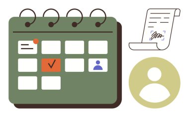 İmzalanmış belge kağıdının yanında vurgulanmış görev ve profil simgesine sahip takvim. Planlama, planlama, belgeleme, verimlilik, zaman yönetimi, iş akışı, işbirliği için ideal. Basit düz