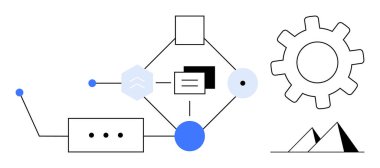 Geometrik şekiller, çizgiler ve teçhizat ve piramitlerle bağlantı noktaları iş akışı, yenilik ve süreç anlamına gelir. Teknoloji, strateji, takım çalışması, otomasyon geliştirme için idealdir.