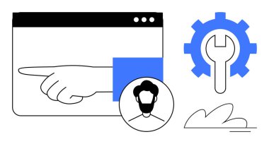Tarayıcı penceresini, kullanıcı profili simgesini, teçhizatını ve anahtar anahtarının sembolik ayarlarını gösteren el işaretleri, bulut. Araçlar, web özelleştirme, kullanıcı arayüzü, veri entegrasyonu, dijital çözümler yönetimi için ideal