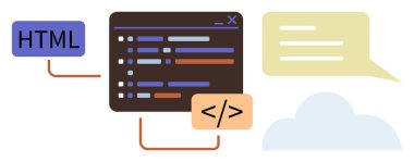 Renkli sözdizimi, HTML etiketi, kodlama parantezleri, konuşma baloncuğu ve bulut içeren kod düzenleyici. Programlama, web geliştirme, kodlama dersleri, teknik yazım iletişimi için ideal basit takım çalışması