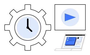 Saat, oyun düğmesi ve dizüstü bilgisayarı ile donanım zaman izleme, multimedya araçları ve görev otomasyonunu temsil eder. Üretkenlik, proje planlaması, iş akışı, takım çalışması verimliliği için ideal
