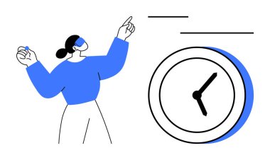 Büyük bir analog saate doğru hareket eden kadın, zaman yönetimi, planlama ve teslim tarihlerini vurguluyor. Üretkenlik, verimlilik, programlama, odaklanma, organizasyon iş-yaşam dengesi için ideal başarı