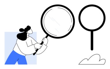 Büyük bir büyüteç tutan kadın, kopyalanmış lens ve bulut ile etkileşimde. Araştırma, analiz, odaklanma, inceleme, araştırma ve keşif için ideal. Basit bir düz metafor.