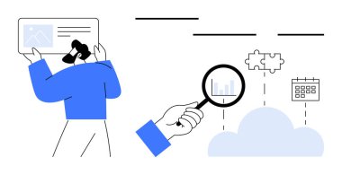 Görsel içeriği inceleyen, grafik verilerini büyüten, bulmaca parçaları ve takvim bağlantısı olan kişi. Araştırma, analitik, takım çalışması, bulut hesaplama, iş çözümleri, proje için ideal