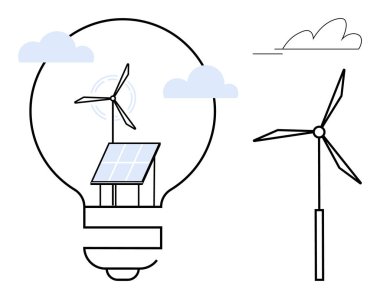 Güneş paneli ve rüzgar türbini temiz enerjiyi temsil eden bir ampulün içinde. Rüzgar türbini ve bulutlar çevre dostu enerjiyi vurguluyor. Çevre, enerji, sürdürülebilirlik ve teknoloji için ideal