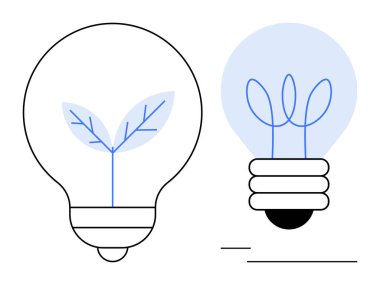 Yaprak ve bitki tasarımları içeren ampuller sürdürülebilirliği ve yeşil teknolojiyi temsil ediyor. Ekoloji, yenilenebilir enerji, yenilik, büyüme, eko-bilinç, teknoloji, yaratıcılık temaları için ideal