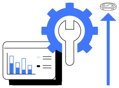 Bar graph screen, gear with wrench, coin, and upward arrow together emphasize progress, analytics, and financial improvement. Ideal for business growth, technology, productivity planning