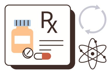 Medicine bottle, pills, prescription symbol paired with atom and circular arrows. Ideal for healthcare, innovation, pharmacy, science, medical research drug development treatment themes. Simple