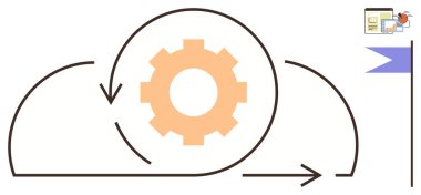 Gear surrounded by circular arrows, project planning icons, and flag for task completion. Ideal for workflow, productivity, project management, agile methods, iteration, goal achievement simple flat
