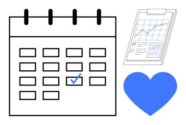 Calendar with checkmarked date, clipboard displaying analytics, and blue heart. Ideal for planning, scheduling, productivity, health tracking, analysis motivation and goal-setting. Simple flat