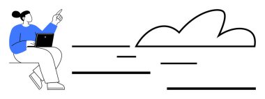Woman seated with laptop, pointing toward stylized cloud symbol. Ideal for technology, communication, creativity, cloud computing, remote work, brainstorming teamwork. Minimalist flat metaphor