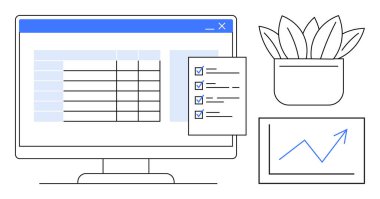 Computer screen displaying a spreadsheet, checklist overlay, upward trending graph, and potted plant. Ideal for productivity, organization, task management, business growth, efficiency planning