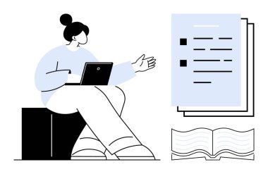 Woman with laptop gesturing in a discussion next to a stack of documents and open book. Ideal for education, learning, training, communication, teamwork, strategy, content creation. Simple flat