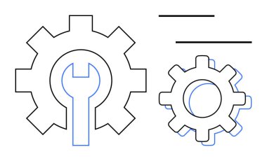 Two gears and wrench outline representing repair and maintenance. Ideal for engineering, process improvement, technical solutions, mechanical work, teamwork, system optimization, simple flat metaphor